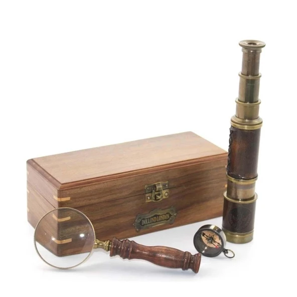 Ahşap Kutu Pirinç Pusula Dürbün Büyüteç Seti - Resim 2