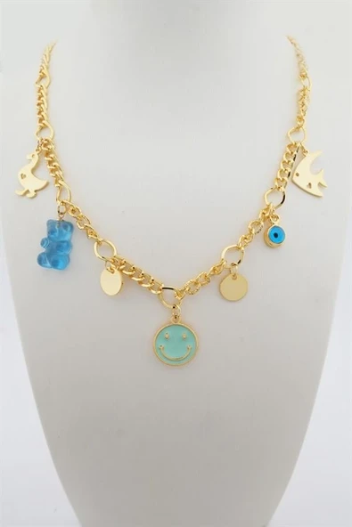 Kadın Özel Tasarım Mavi Renk Karışık Figürlü Nazarlı Kolye ürün görseli