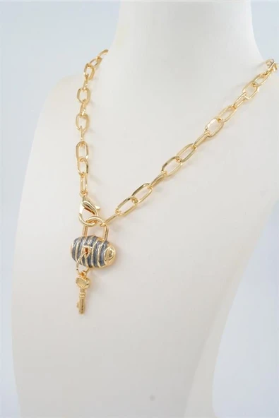 Kadın Özel Tasarım Çanta ve Kilit Figürlü Mineli Kolye - 3