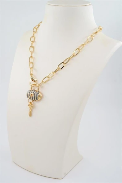 Kadın Özel Tasarım Çanta ve Kilit Figürlü Mineli Kolye