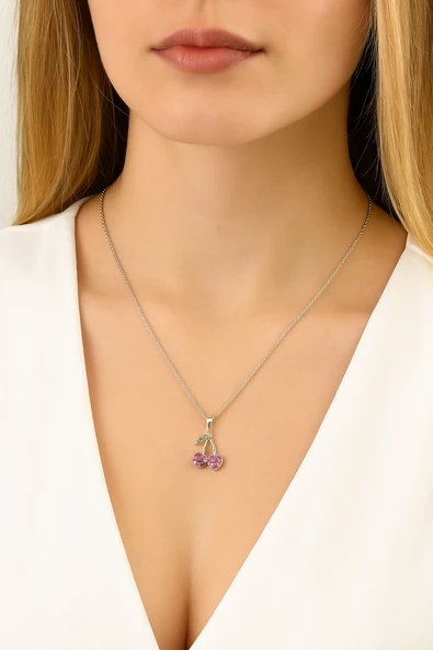 Kadın Kiraz Figürlü Zirkon Taşlı Kolye – Pembe Taşlı & Minimal Tasarım ürün görseli