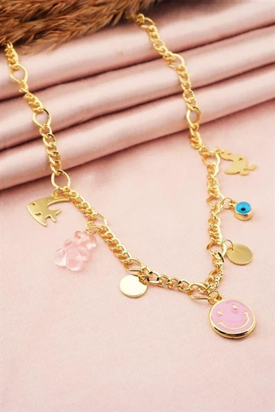 Kadın Özel Tasarım Pembe Renk Karışık Figürlü Nazarlı Kolye - Resim 2