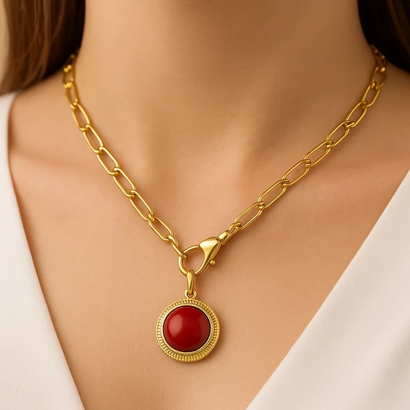 Oval Renkli Taşlı Madalyon Önden Klipsli  Kolye ürün görseli