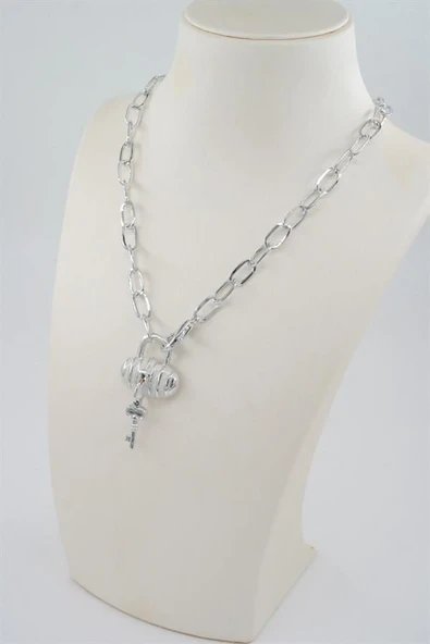 Kadın Özel Tasarım Çanta ve Kilit Figürlü Mineli Kolye - 3