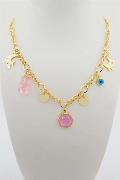 Kadın Özel Tasarım Pembe Renk Karışık Figürlü Nazarlı Kolye ürün görseli