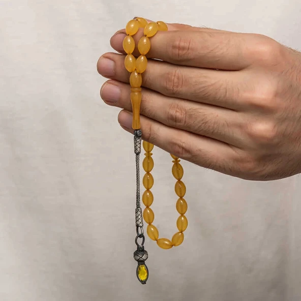 Gümüş 1000 Ayar Kazaz Püsküllü Sıkma Kehribar Tesbih - Resim 2