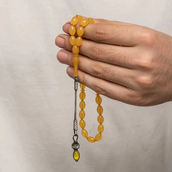 Gümüş 1000 Ayar Kazaz Püsküllü Sıkma Kehribar Tesbih - Resim 4