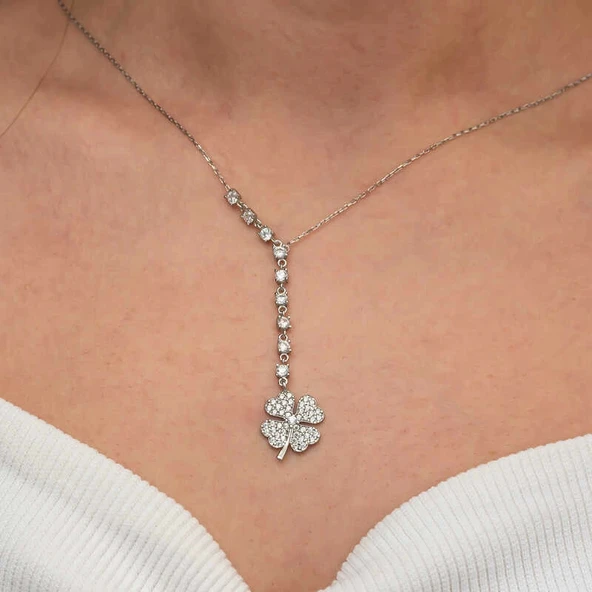 Gümüş Sıralı Zirkon Taşlı Yonca Kadın Kolye - Resim 2