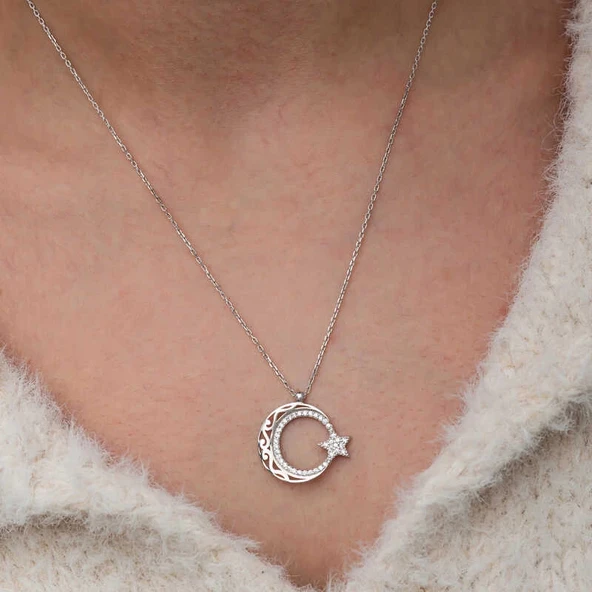 Gümüş Desenli Ay Yıldız Kadın Kolye - Resim 5