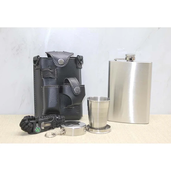 Deri Kılıflı Shot Bardaklı Matara ürün görseli 1