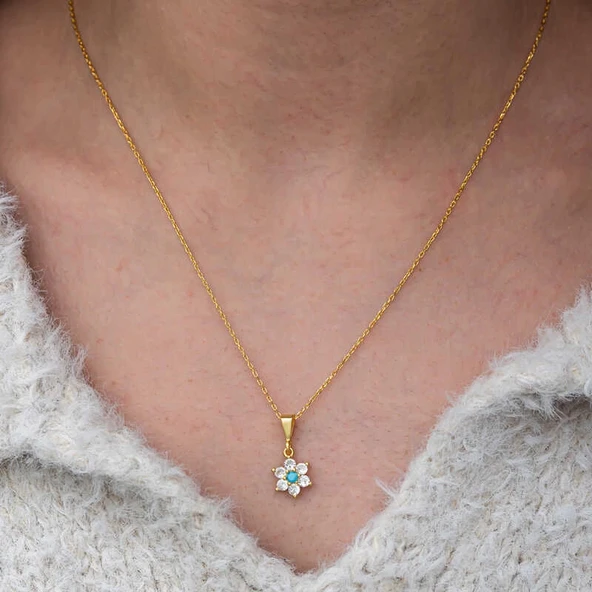 Gümüş Mavi Taşlı Gold Çiçek Kadın Kolye - Resim 4