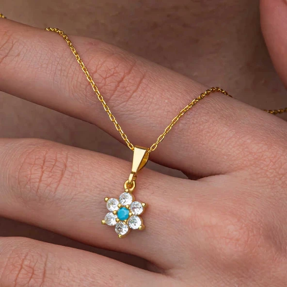 Gümüş Mavi Taşlı Gold Çiçek Kadın Kolye ürün görseli 1