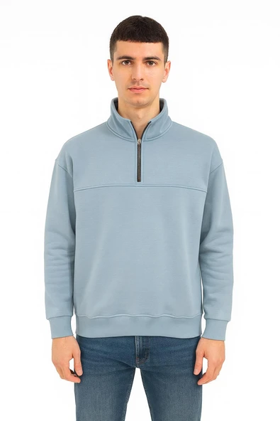 Unisex Relax Fit Rahat Kesim Pamuklu Yarım Fermuarlı Dik Yaka Sweatshirt - 7385