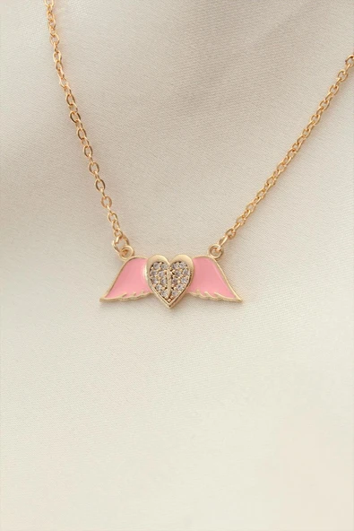 Pembe Mineli Kanat Taşlı Kalp Kolye ürün görseli