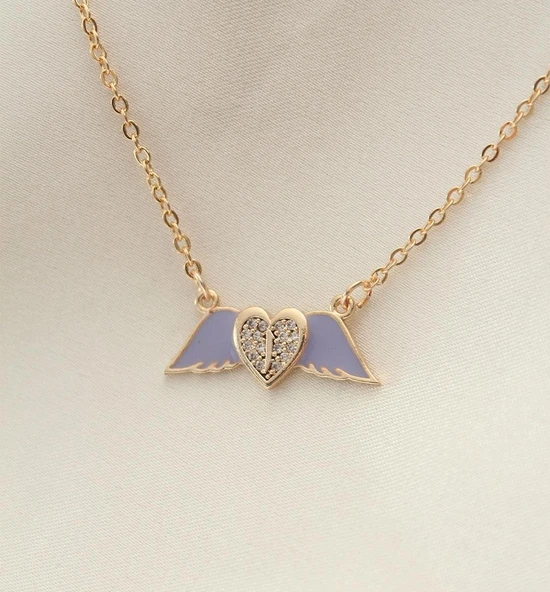 Kadın Lila Mineli Kanat Taşlı Kalp Kolye Kz-bko6273 ürün görseli