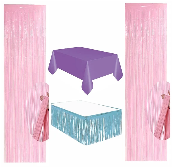 Mor Masa Örtüsü, Mavi Masa Eteği, 2 Pembe Arka Fon ürün görseli 1