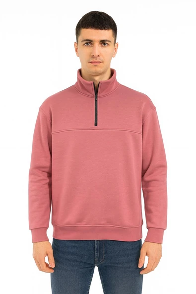 Unisex Relax Fit Rahat Kesim Pamuklu Yarım Fermuarlı Dik Yaka Sweatshirt - 7385 - 2