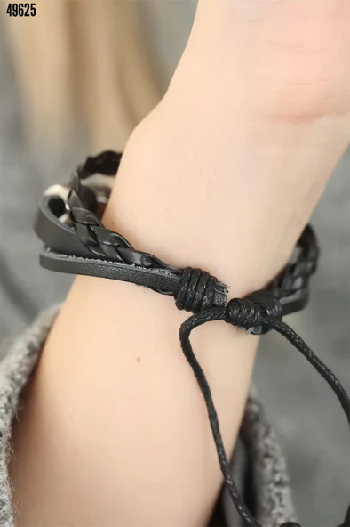 Siyah Renk Ay Yıldız Tasarım Çoklu Deri Bayan Bileklik - Resim 2