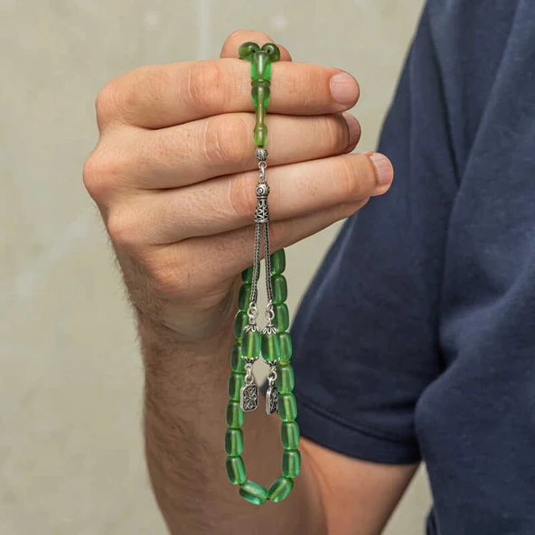 Gümüş Püsküllü Kapsül Kesim Sıkma Kehribar Tesbih - Resim 5