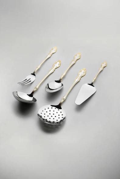 Nehir adriana altın servis takımı seti 5 parça kepçe kaşık kevgir seti ürün görseli 1