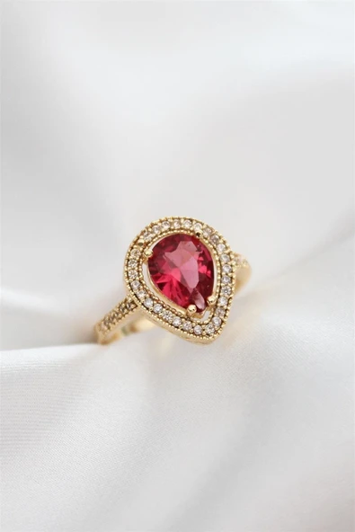 Ayarlamalı Altın Renk Pembe Kristal Taşlı Damla Yüzük ürün görseli