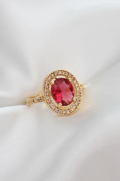 Ayarlamalı Altın Renk Pembe Kristal Taşlı Oval Yüzük ürün görseli