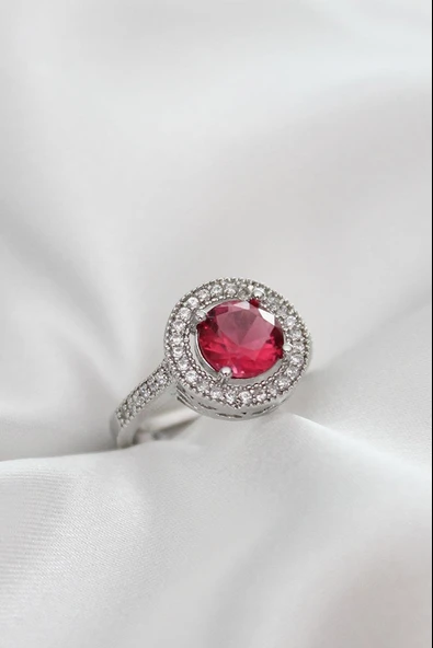 Ayarlamalı Gümüş Renk Pembe Kristal Taşlı Yüzük