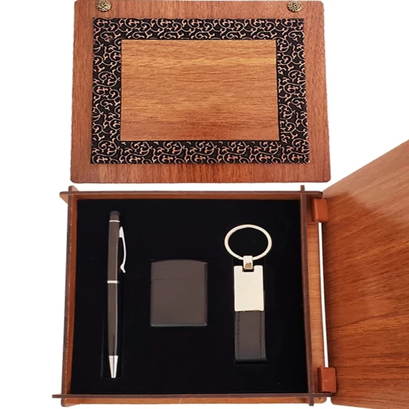 Ahşap Kutulu Siyah Kalem Anahtarlık ve Mat Çakmak ürün görseli 1