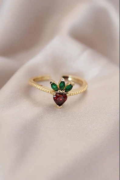 Ayarlamalı Altın Renk Metal Renkli Zirkon Taşlı Çilek Yüzük