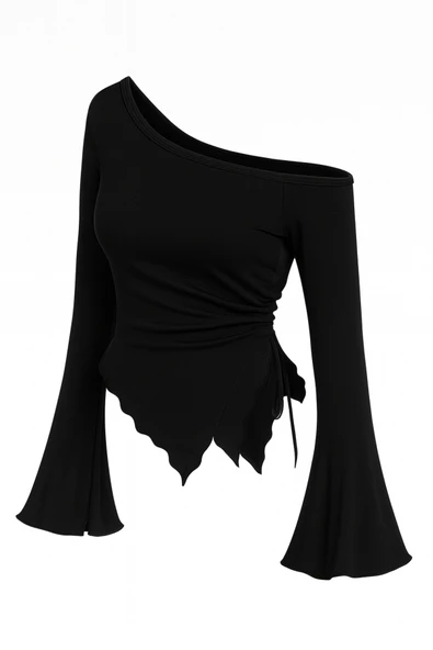 Kadın Siyah Uzun İspanyol Kollu Asimetirik Yaka Yandan Bağlamalı Drapeli Bluz ürün görseli