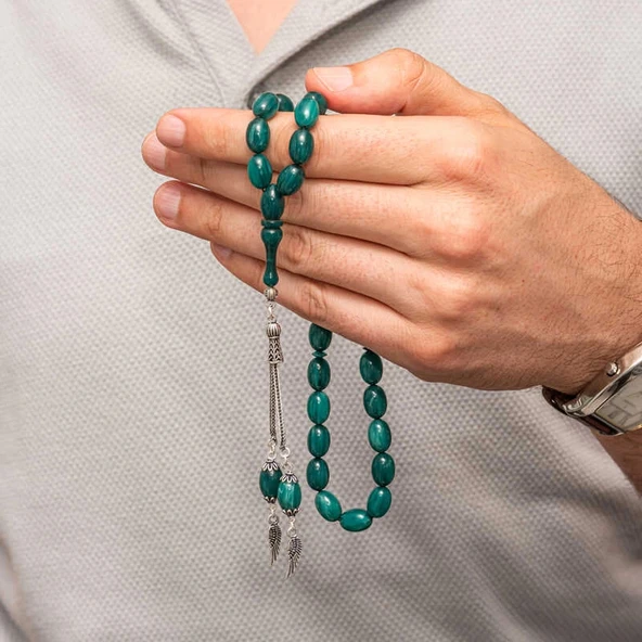 Gümüş Püsküllü Sıkma Kehribar Tesbih - Resim 3