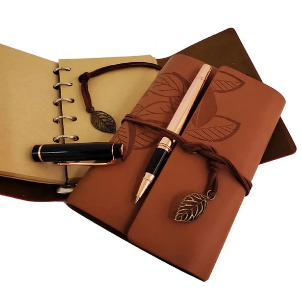 Özel Ahşap Kutulu Taba Deri Defter ve Bakır Roller Kalem Set - Resim 2