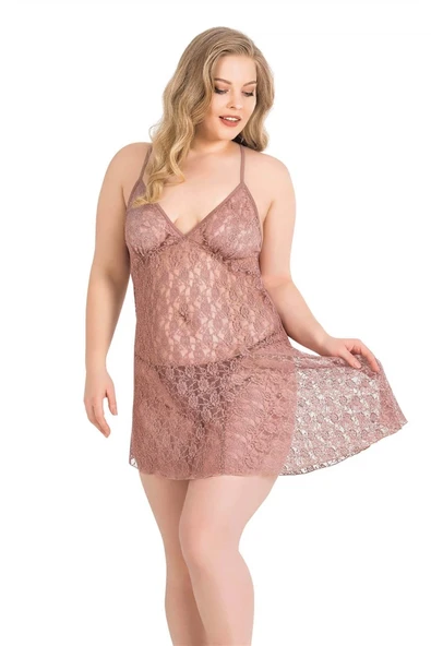 MDB MdbShop Büyük Beden Vizon Kısa Tül Gecelik ürün görseli 1