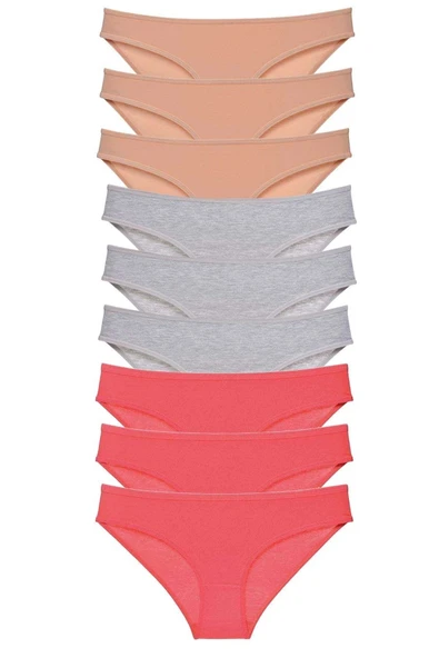 9 Adet Süper Eko Set Likralı Kadın Slip Külot Ten Gri Fuşya