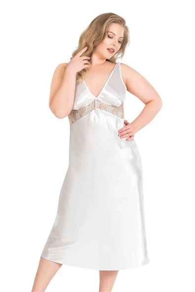 MDB MdbShop Büyük Beden Ekru Uzun İkili Saten Sabahlık Gecelik Takımı ürün görseli 1