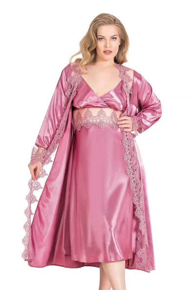 MDB MdbShop Büyük Beden Gül Kurusu Uzun İkili Saten Sabahlık Gecelik Takımı ürün görseli 1