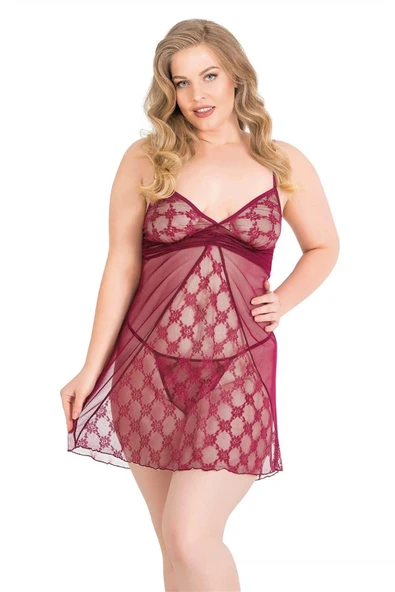 MDB MdbShop Büyük Beden Bordo Kısa Tül Gecelik ürün görseli 1