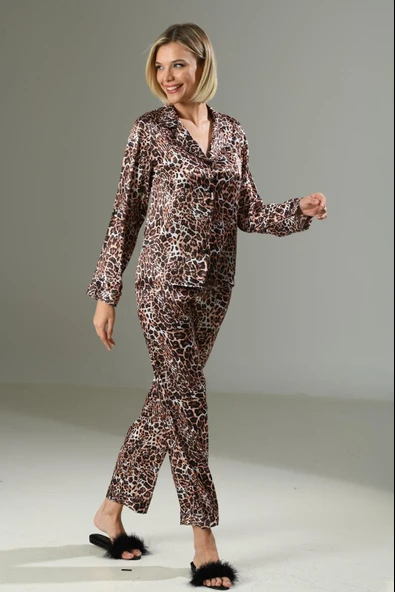 MDB MdbShop Leopar Desen Yumuşak Dokulu Saten Gecelik Takımı - 1