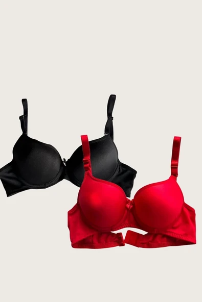 MDB MdbShop Siyah-Kırmızı 2li Mikro Kumaş İçi Boş Balenli Günlük Desteksiz Sütyen - Resim 6