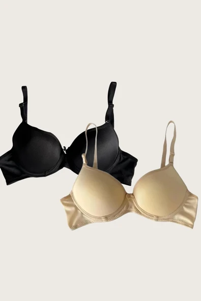MDB MdbShop Siyah-Ten 2li Mikro Kumaş Push Up Dolgulu Balenli Günlük Destekli Sütyen - Resim 4