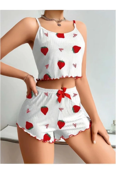 MDB MdbShop Penye Kumaş Çilek Desen Beyaz Şortlu Takım - Resim 4