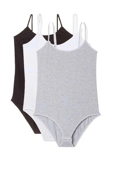 3 Adet İp Askılı Kadın Çıtçıtlı Body Siyah Beyaz Gri ürün görseli
