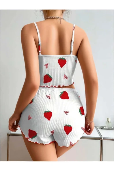 MDB MdbShop Penye Kumaş Çilek Desen Beyaz Şortlu Takım - Resim 5