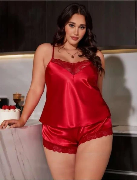MDB MdbShop Büyük Beden Kırmızı Dantel İşlemeli Saten Şortlu Takım - Resim 2