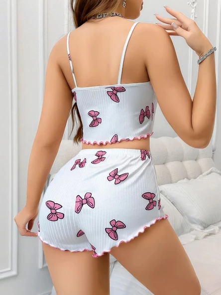 MDB MdbShop Pamuklu Beyaz Üstüne Pembe Kurdela Desenli Fitilli Askılı Şortlu Pijama Takımı - 3