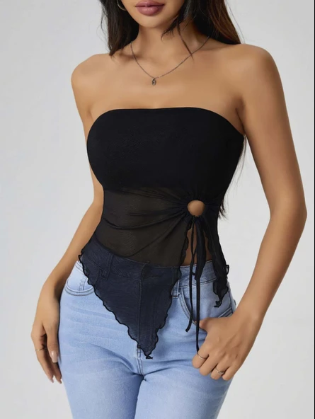 Kadın Siyah Crop Önden Halka Büzgü detaylı 5094