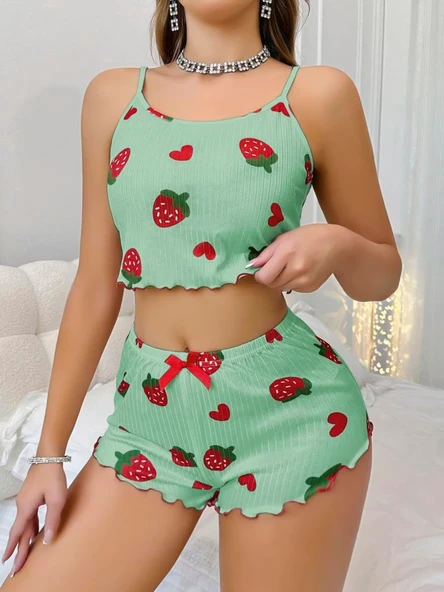 MDB MdbShop Pamuklu Yeşil Üstüne Çilek Desen Fitilli Askılı Şortlu Pijama Takımı - Resim 2