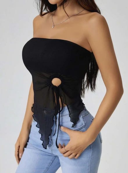 Kadın Siyah Crop Önden Halka Büzgü detaylı 5094 - 2