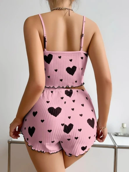 MDB MdbShop Pamuklu Pembe Üstüne Siyah Kalp Desenli Askılı Fitilli Şortlu Pijama Takımı - 3