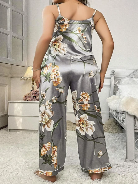 MDB MdbShop Büyük Beden Çiçek Desenli İnce Askılı Gri 2li Takım - Resim 2